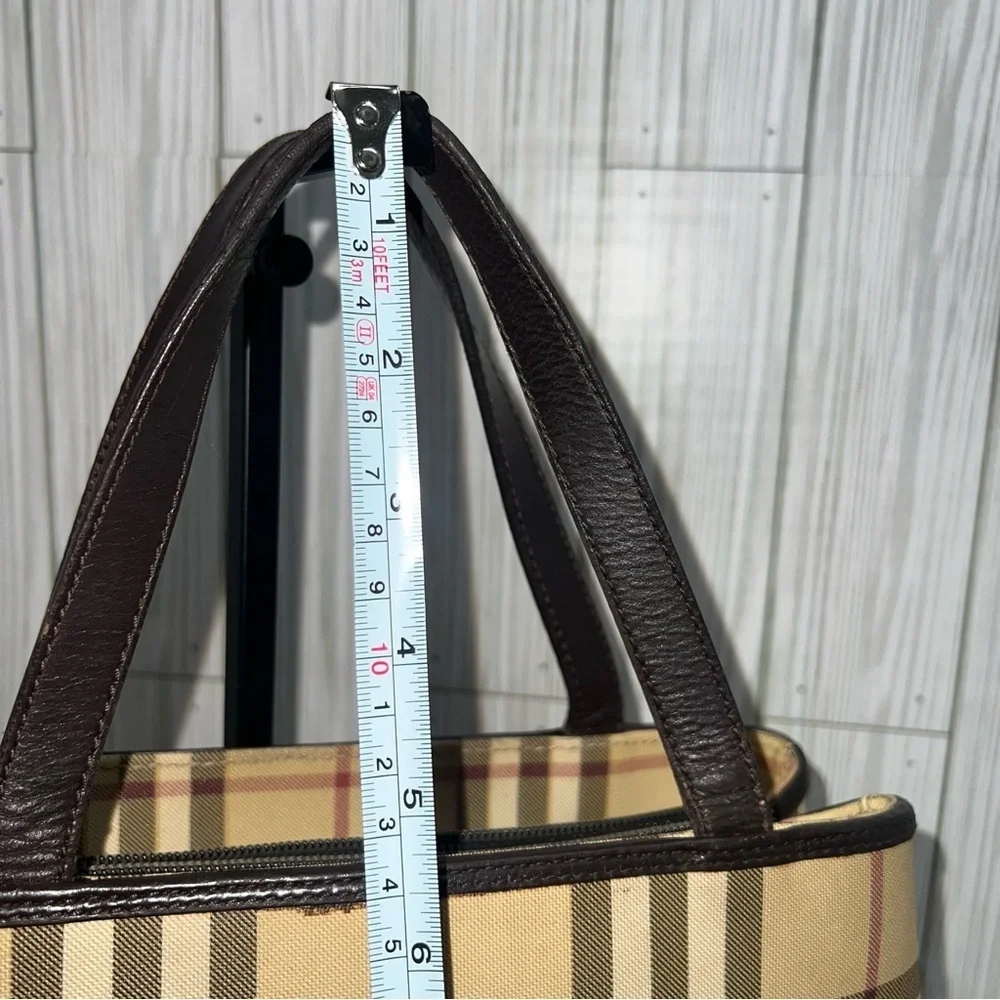 Burberry Vintage Nova Check Tote Bag Brown Leather Trim Plaid Shoulder Handbag